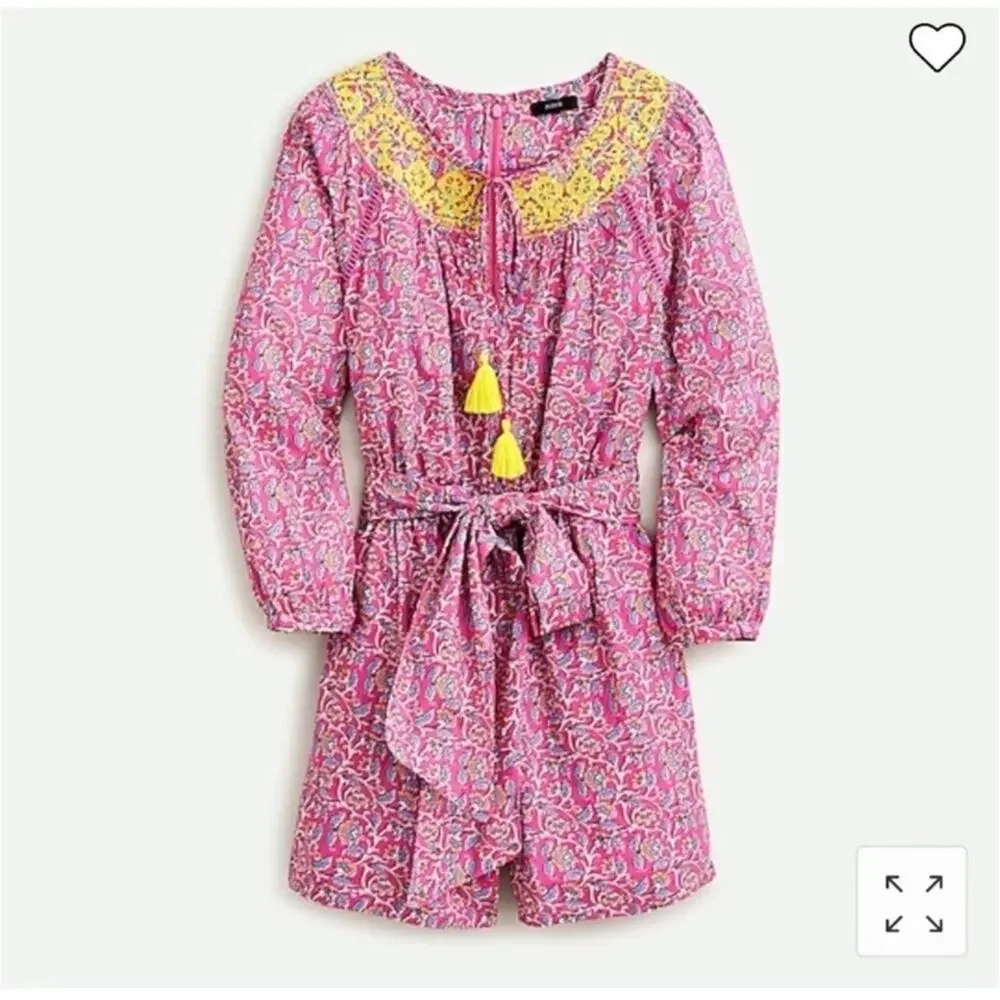 J. Crew | Embroidered Romper Pink Vines Block Print AP193